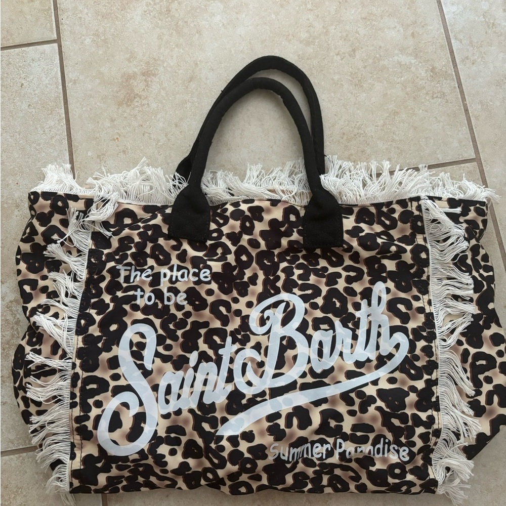 Saint Barth Fringe Leopard Print Beach Tote Bag